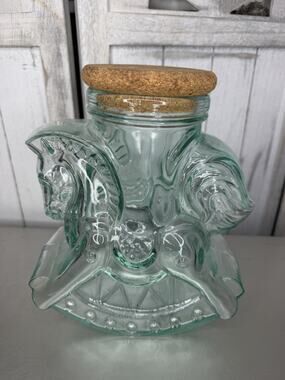 VTG Glass Rocking Horse Jar Canister Cork Lid Made in Italy Blue Green Glass